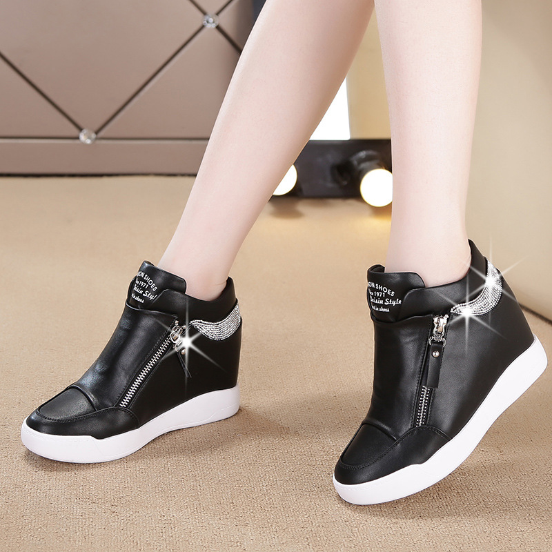Rhinestone Internal Increased High-top Shoes Trifle Single Shoes Double Zipper Student Travel Sports Casual Shoes Women