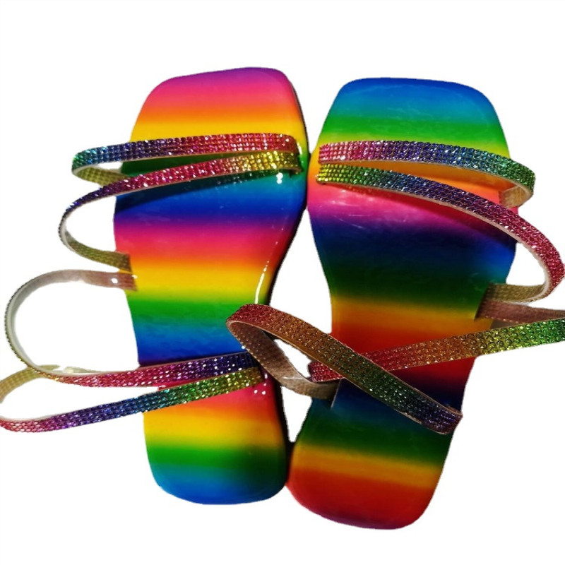Summer 21 Explosion Wide European and American Rhinestone Rainbow Large Sandals for Women in Stock Slippers Sandals 9259