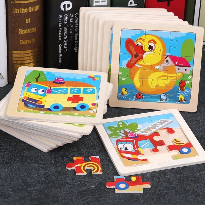 11X11CM Kids Wooden Puzzle Cartoon Animal Traffic Tangram Wood Puzzle Toys Educational Jigsaw Toys for Children GiftS 3pc/