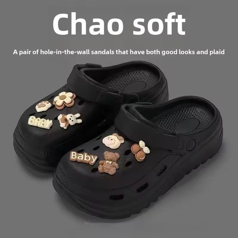 Thick Bottom Sandals Women's Summer New Style Beach Outdoor Wear Anti-slip Cartoon Match All High Heel Pvc Material Shoes