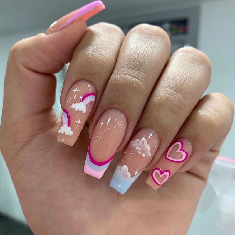 24PCS Fake Nails With Glue Long Detachable French Stick on Nails Coffin Flame Press on Nails Art DIY Manicure Tool