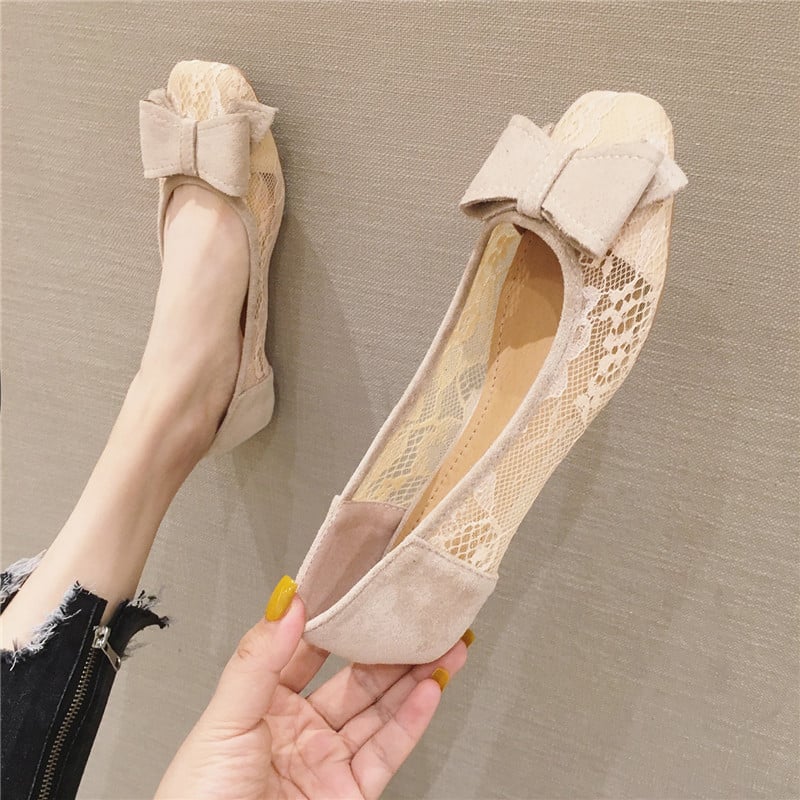 Korean version of all-match square toe shallow mouth lace mesh breathable scoop shoes women's black soft sole flat heel shoes