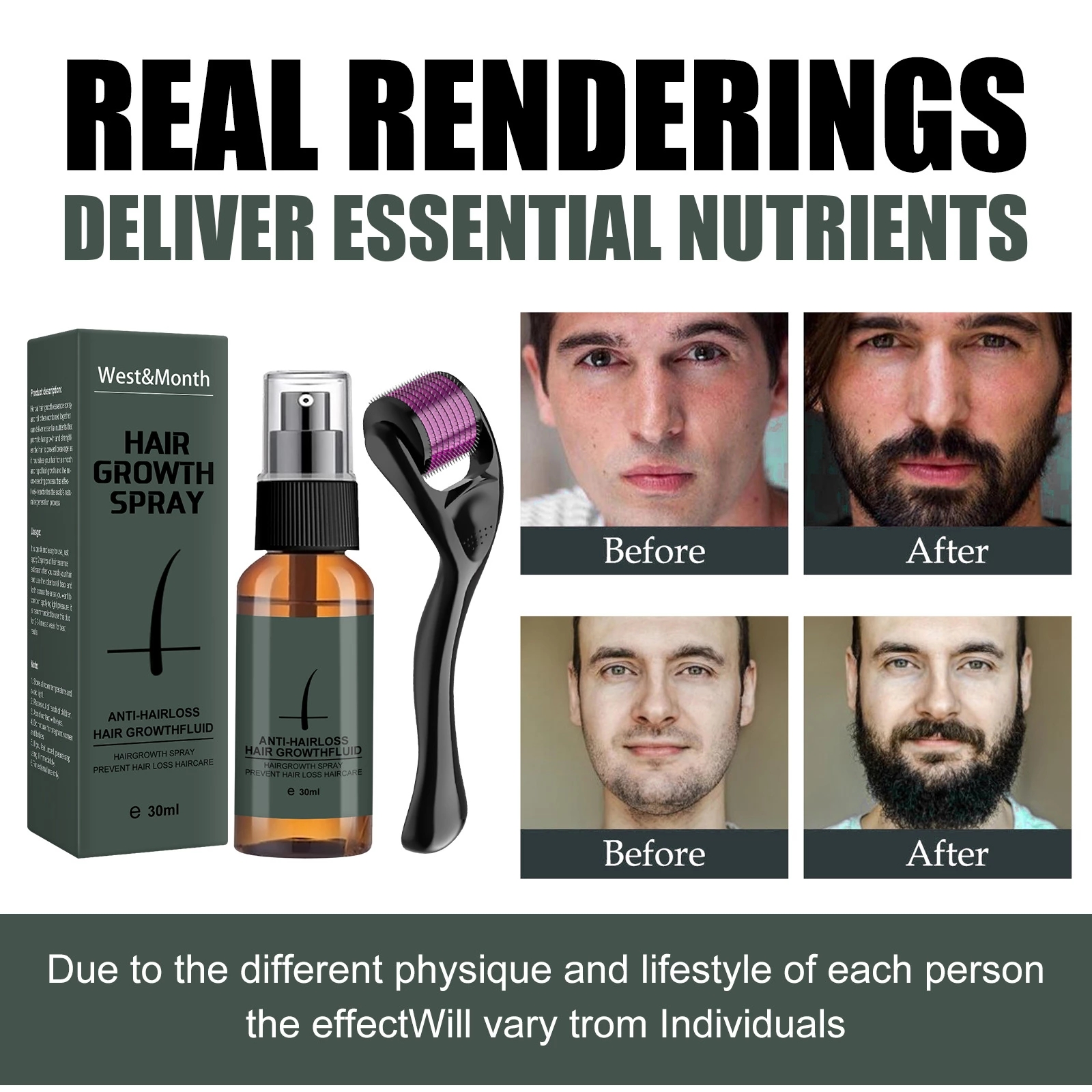 30ml Men Beard Growth Roller Set Beard Growth Kit Men's Beard Growth Essence Nourishing Enhancer Beard Oil Spray Beard Care