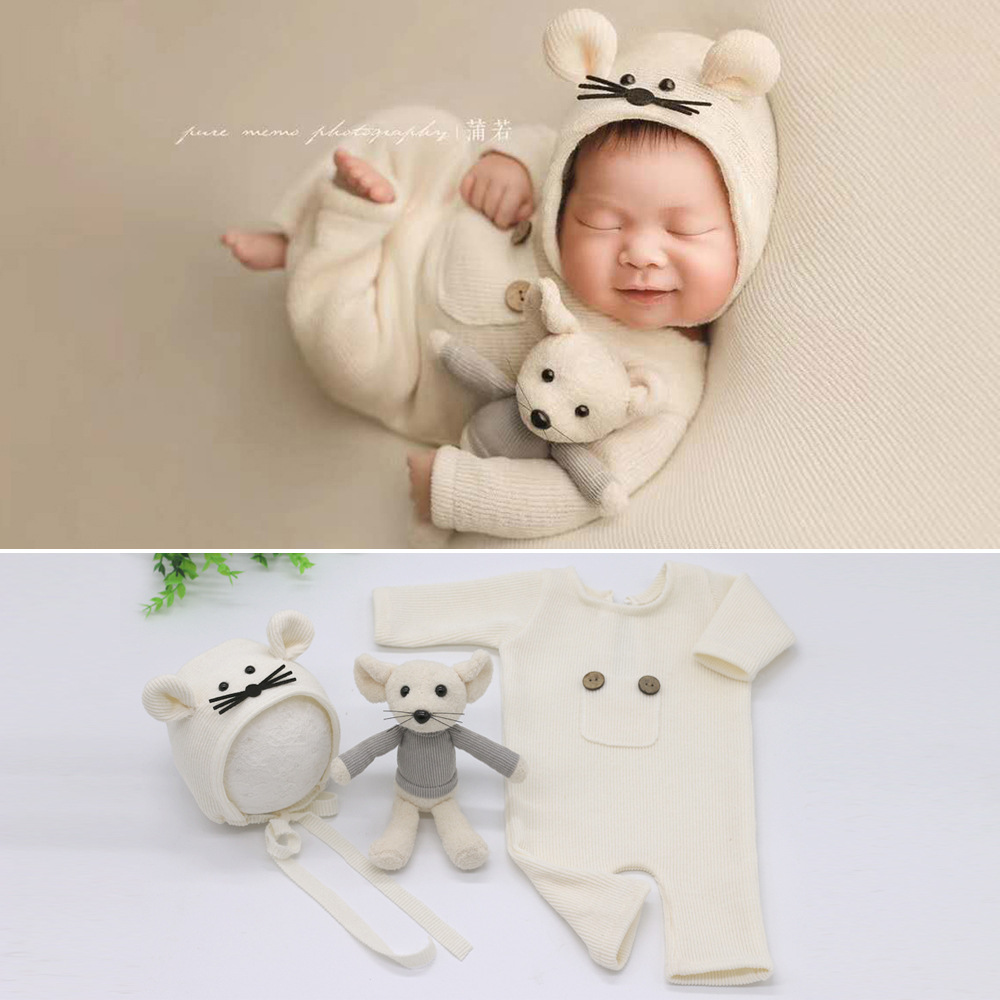 Newborn Photography Clothing Baby Soft Knitted One Piece+Hat+Doll Mouse Three Piece Set