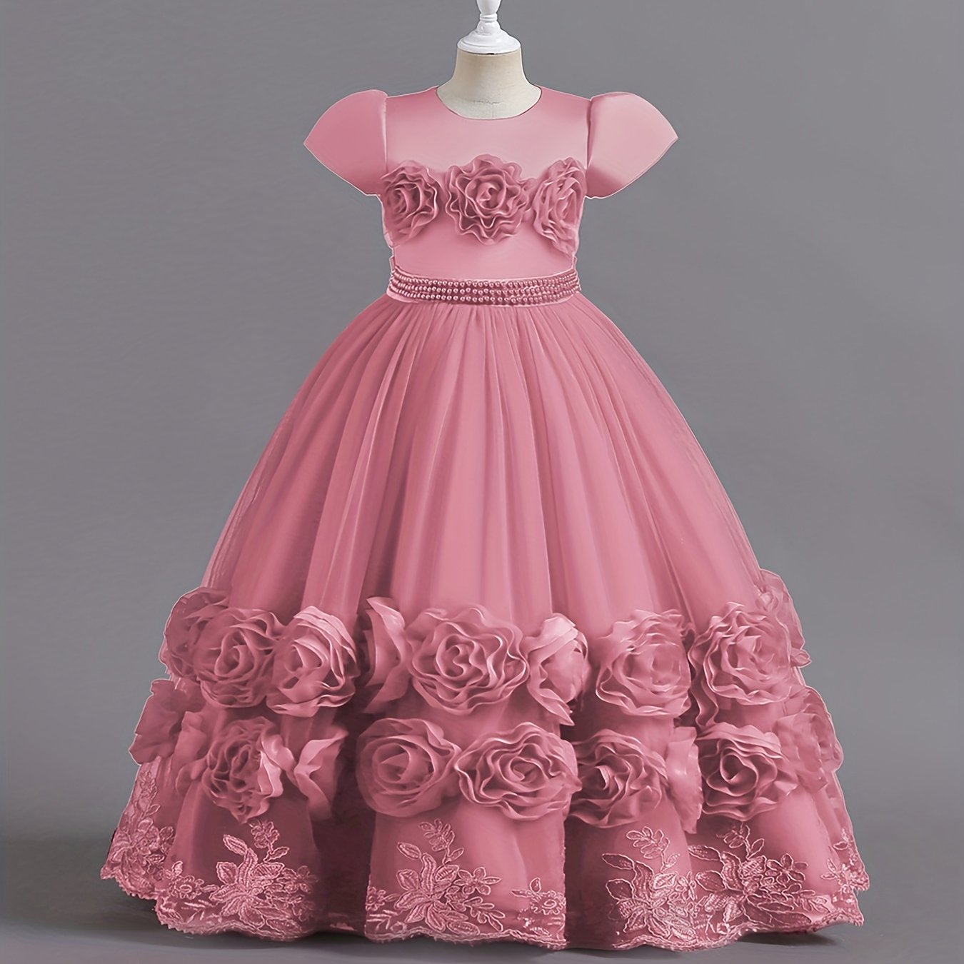 Girl Formal Dress Ball Gown 3D Flower & Lace Embroidered Dress For Kids Pageant Wedding Bridesmaid Party Maxi Princess Communion