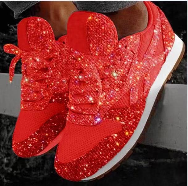 Women's Sequins Sports Shoes Fashionable Mesh Low Top Lace Up Running Shoes Outdoor Non Slip Sneakers