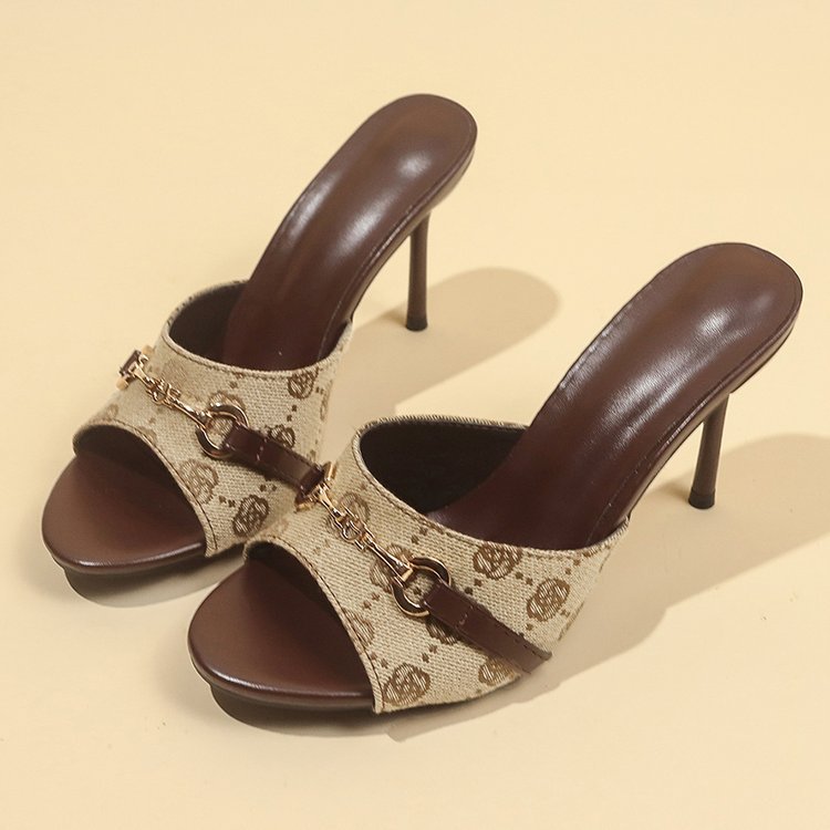 Elegant Metal Buckle High Heels Slippers Women Brand Design Printed Thin Heeled Sandals Woman Fashion Dress Party Shoes Size 42