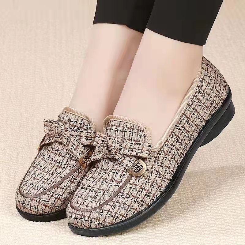 Women's Monogram Print Bow Loafers New Jacquard Fabric Low Heel Slip-On Dress Shoes for Female Office Daily