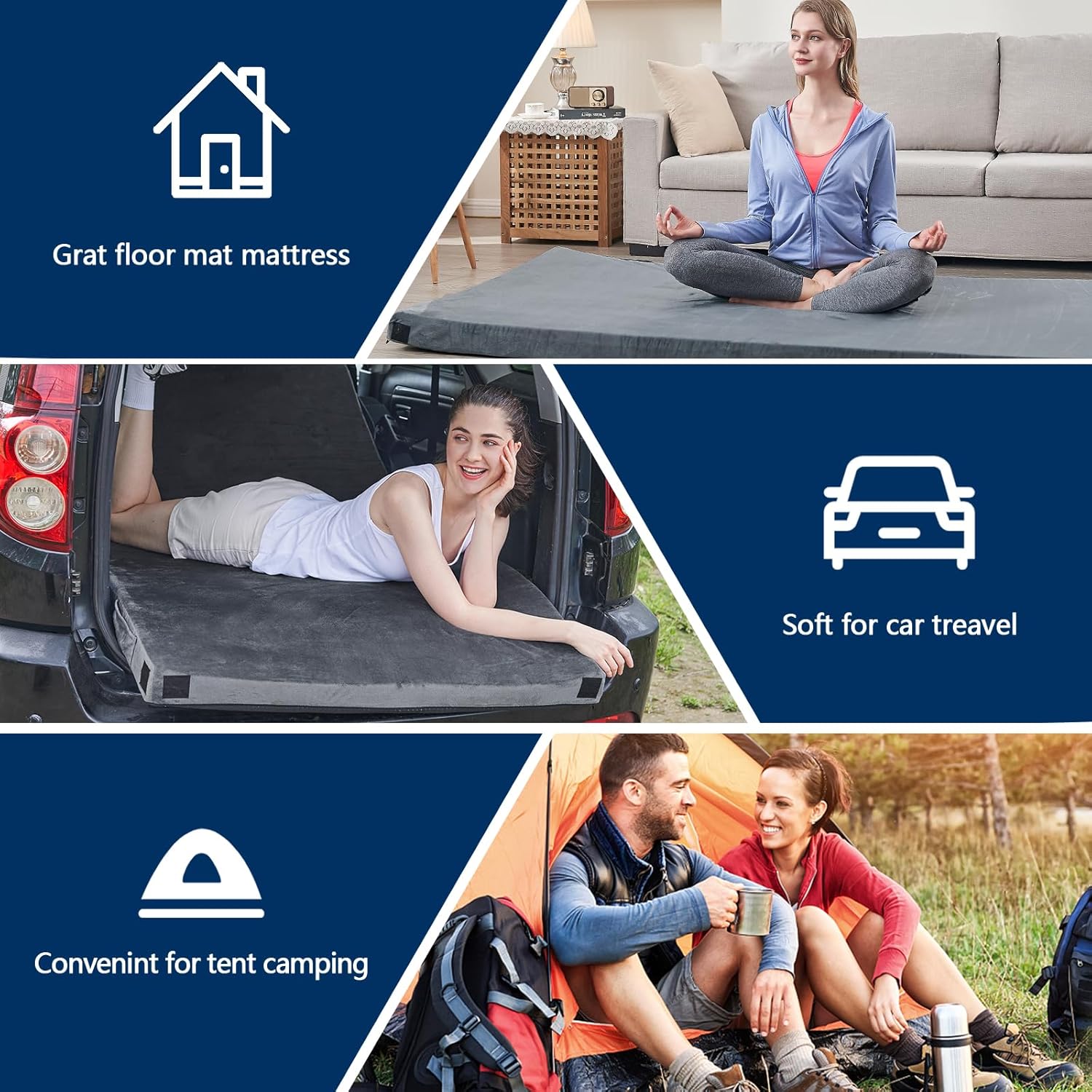 CYMULA Memory Foam Camping Mattress Pad, CertiPUR-US Sleeping Mat, Portable Roll Up Mattress for Adults, Camping Bed Pads for Sleepover, Car Bed with