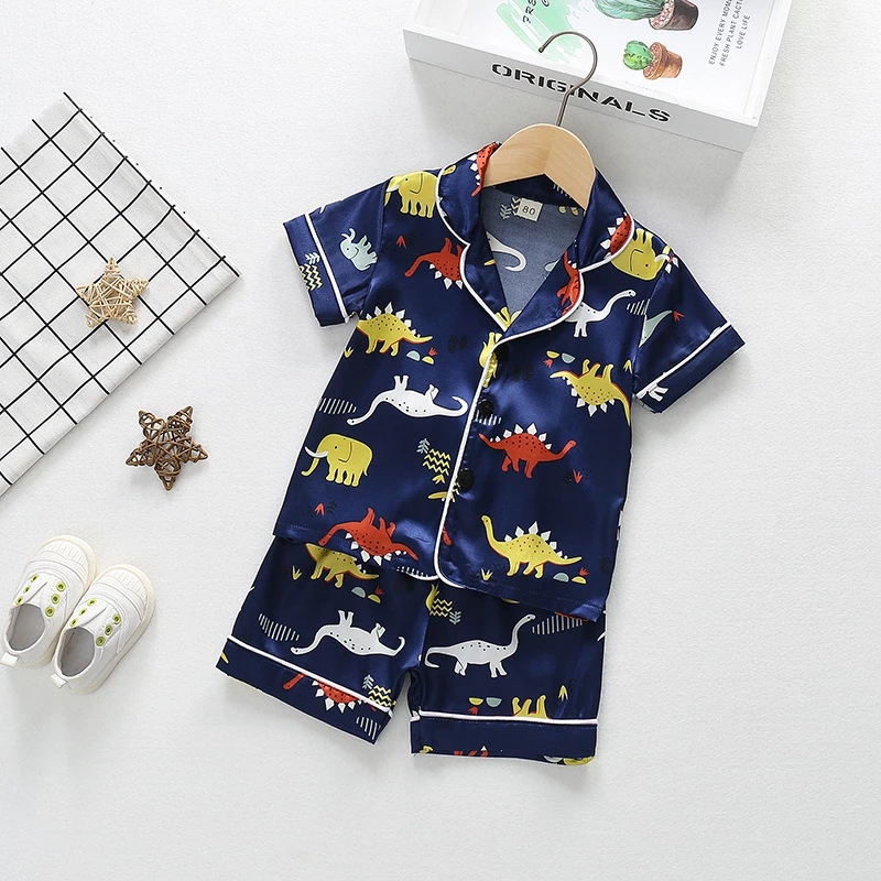 Girls Satin Silk Pajamas Set Kids Boy Cartoon Sleepwear Outfits Summer Toddler Short Sleeve+shorts Boy Leisure Wear Home Clothes
