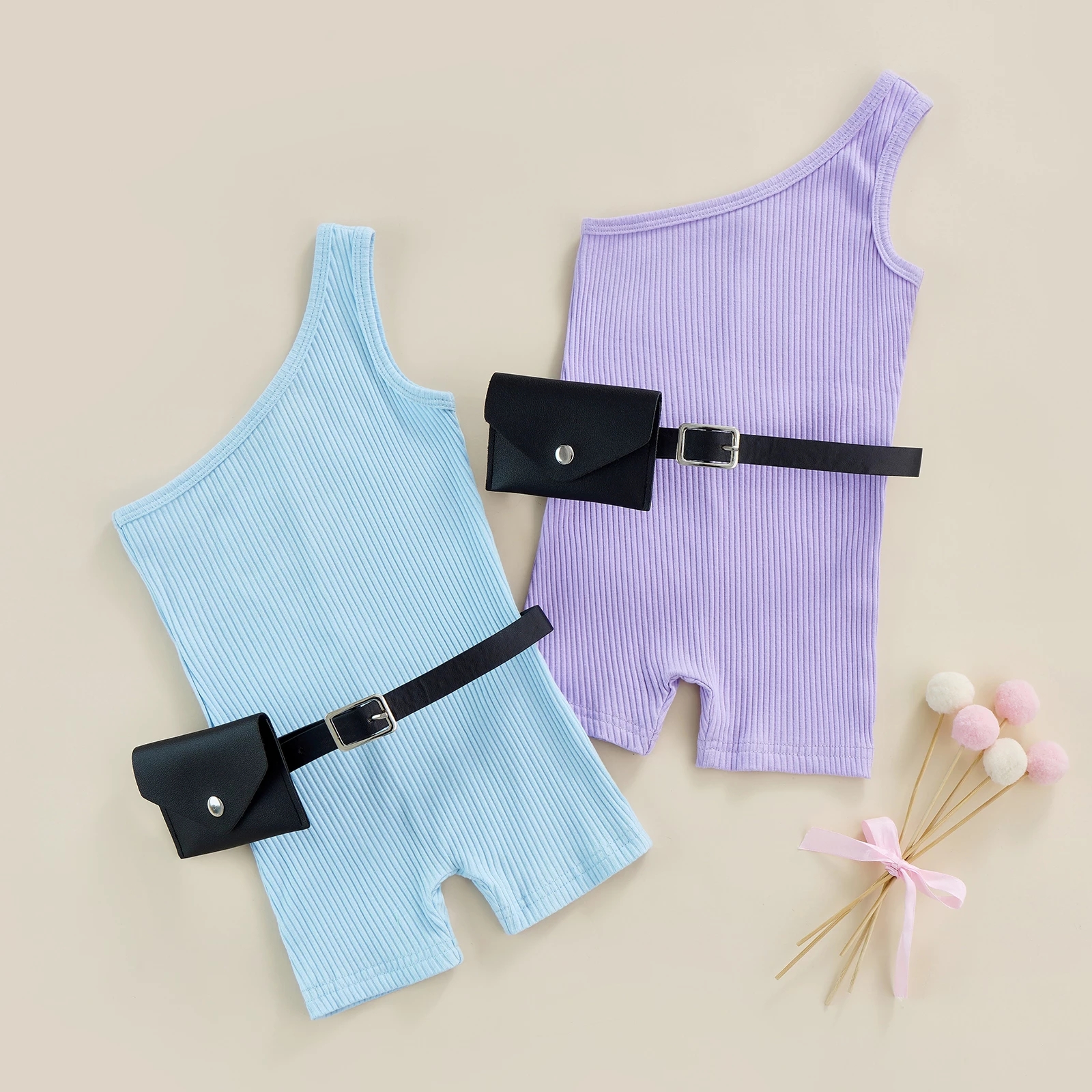 New 4 Colors 1-6Y Fashion Toddler Girls Summer Jumpsuits Pants With Belt Sleeveless Solid Knit Playsuits + Purses