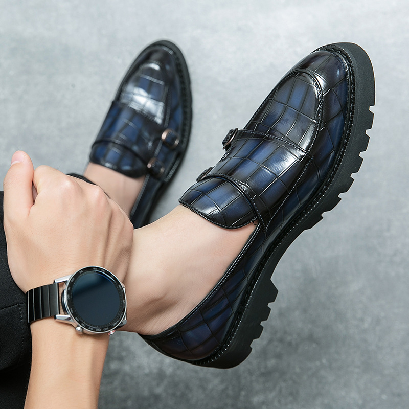 Large size double needle buckle loafers men's patent leather shiny surface, thick heel, height increasing casual leather shoes