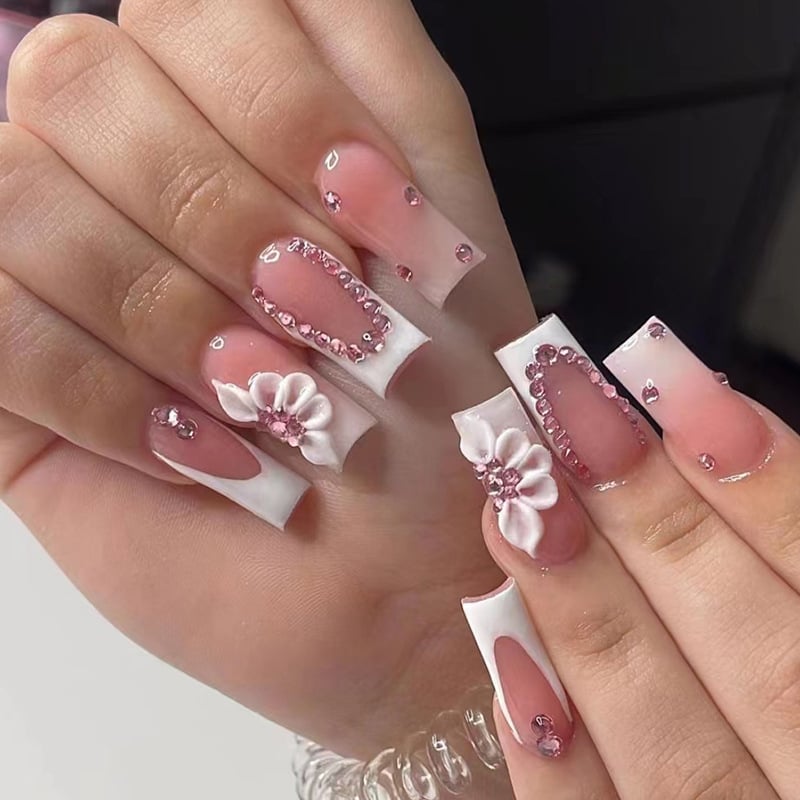 24Pcs Long Full Cover Ballerina Nail Tips French Tips Wearable False Nails Nail Art Tips Fake Nails Press On Nails