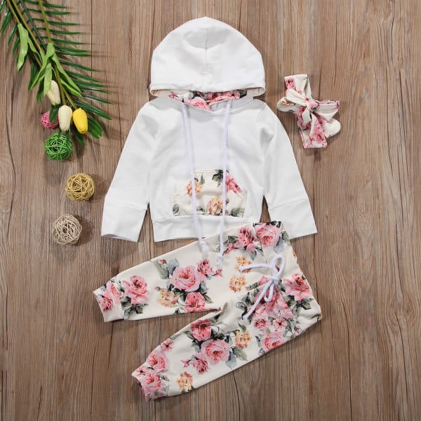 Brand New Infant Toddler Newborn Baby Girls Floral Outfit Clothes Tracksuit Hooded Tops+Leggings Pants Headband 3Pcs Set