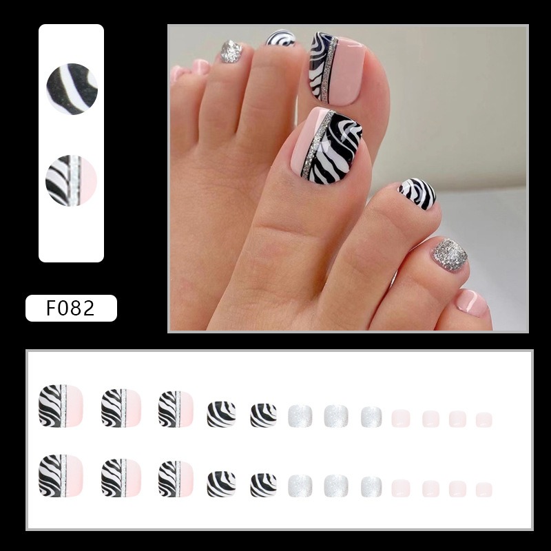 White French Nude Pink Short Fake Toenails Shiny Rhinestone Summer Flower Toe False Nails Detachable Press on Toenails with Glue