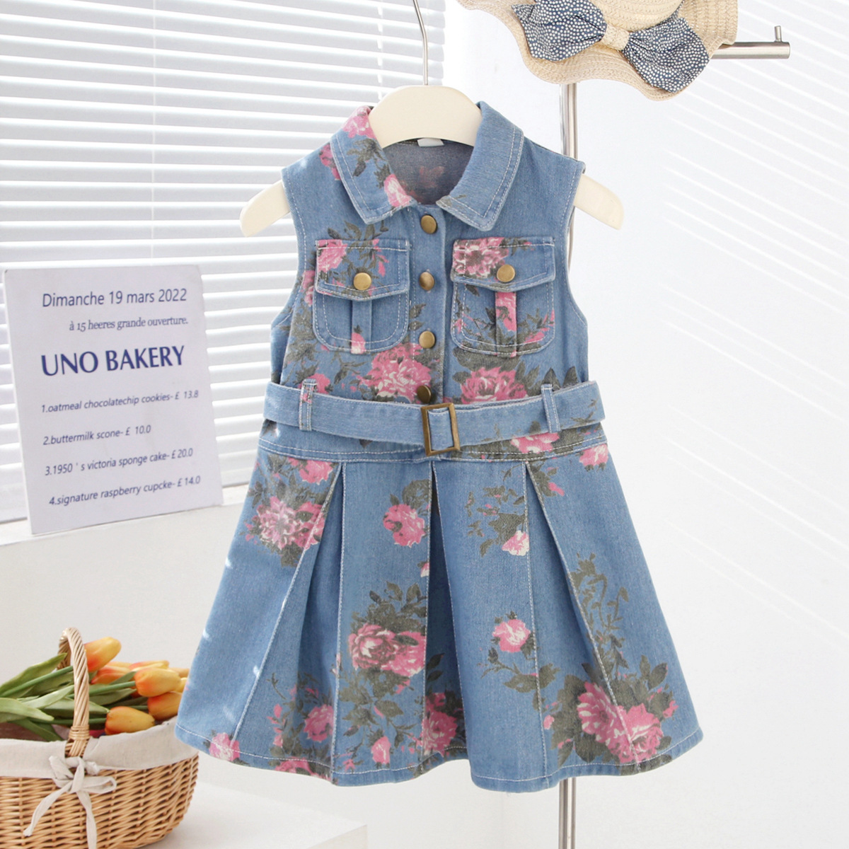 Girls' sleeveless denim dress summer flower print denim skirt cinched waist lapel thin sundress