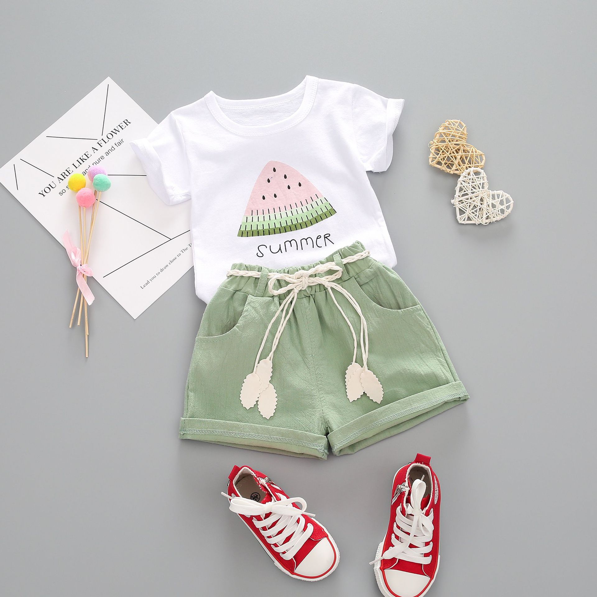Summer girls short-sleeved watermelon print cotton suit baby kids cartoon clothing set