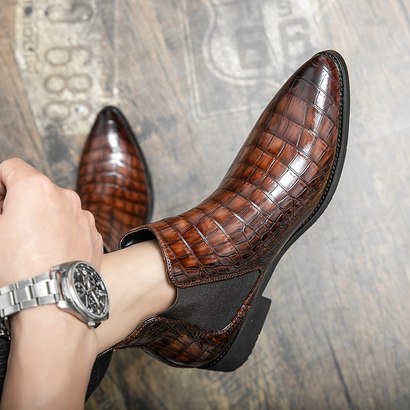 Men Fashion Leather Slip-on Ankle Boots Pointed Toe Low Heel Shoes Male Casual Classic Chelsea Boots Mens Boots and Luxury Shoes