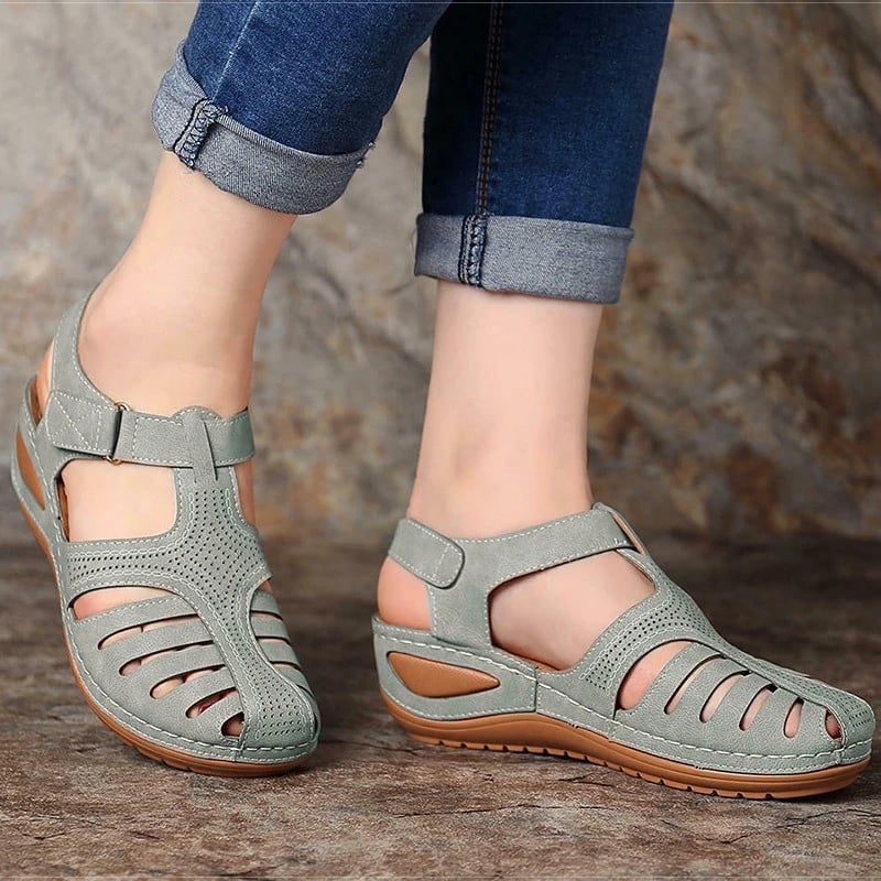 Women's Wedge Heeled Sandals Breathable Closed Toe Ankle Strap Shoes Solid Color Hook & Loop Shoes