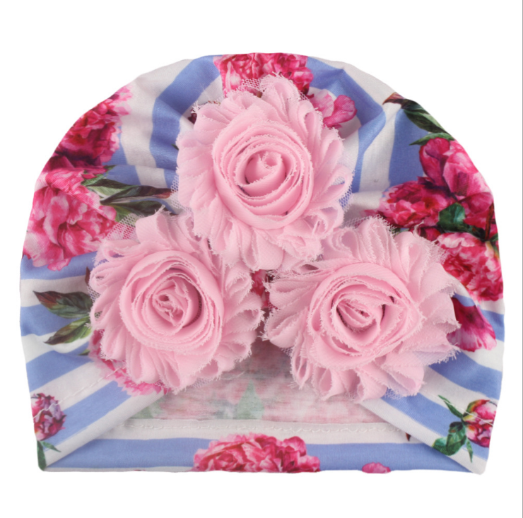 2022NEWLovely Three Pearl Flowers Newborn Hats Baby Girls Printed Polyester Cotton Bonnet Children Striped Caps Warm Headwear