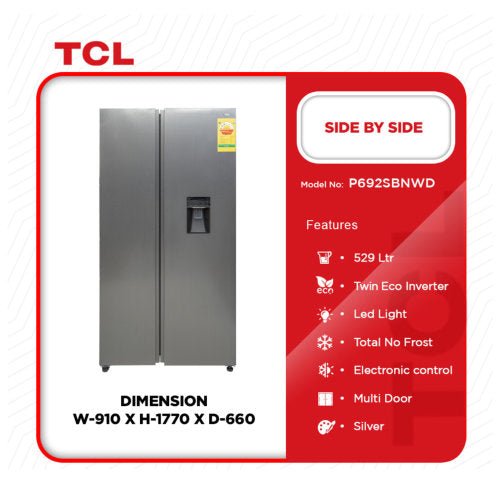 TCL 529L P692SBNWD SIDE BY SIDE FRIDGE INOX