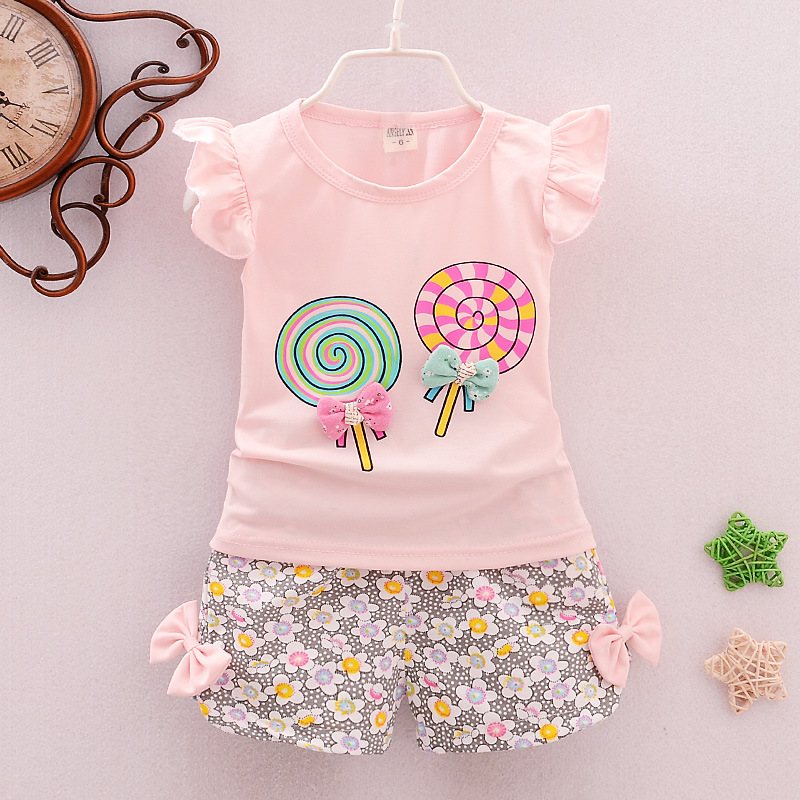 Ones girls summer flying sleeves lollipop t-shirt clothing set Korean baby kids cotton suit