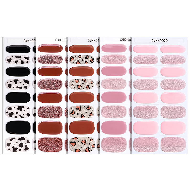 16Tips French Stripe Gel Nail Strips Full Cover Shining Polka Dot Baking-Free Gel Nail Stickers DIY Manicure Decoration