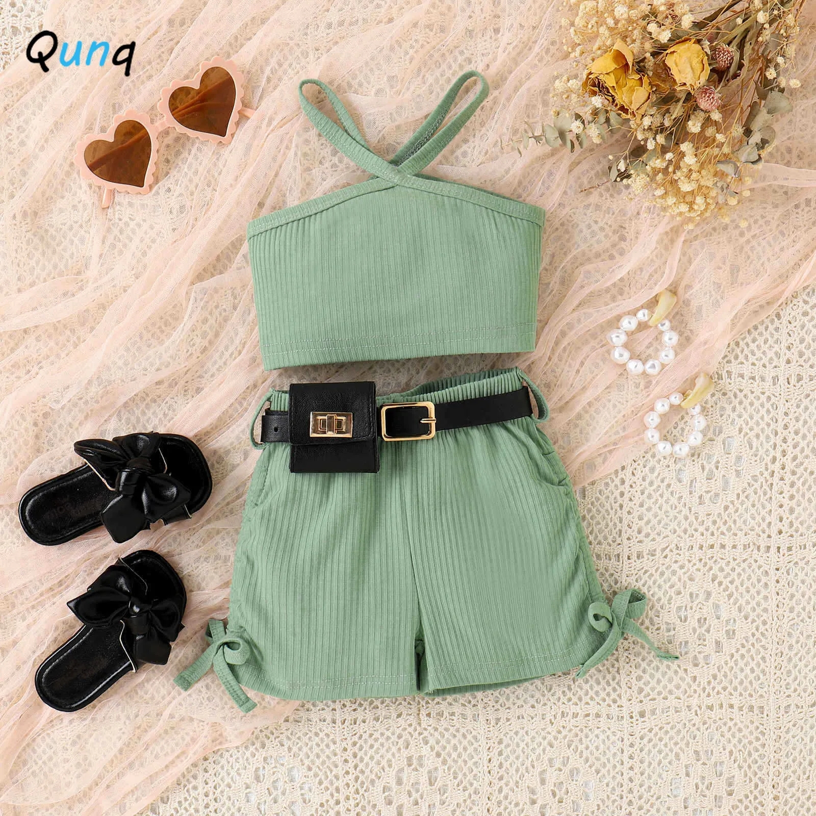 Qunq Summer New Baby Girls Solid Halter Sleeveless Top + Shorts And Fanny Pack 2 Pieces Set Casual Kids Clothes Age 3T-8T