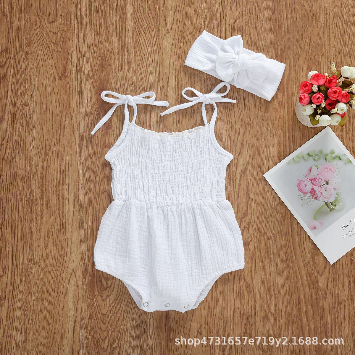 Summer Solid Newborn Baby Girls Cotton Linen Bodysuits Sleeveless Strap Jumpsuits+Headband 2Pcs Outfits Beachwear