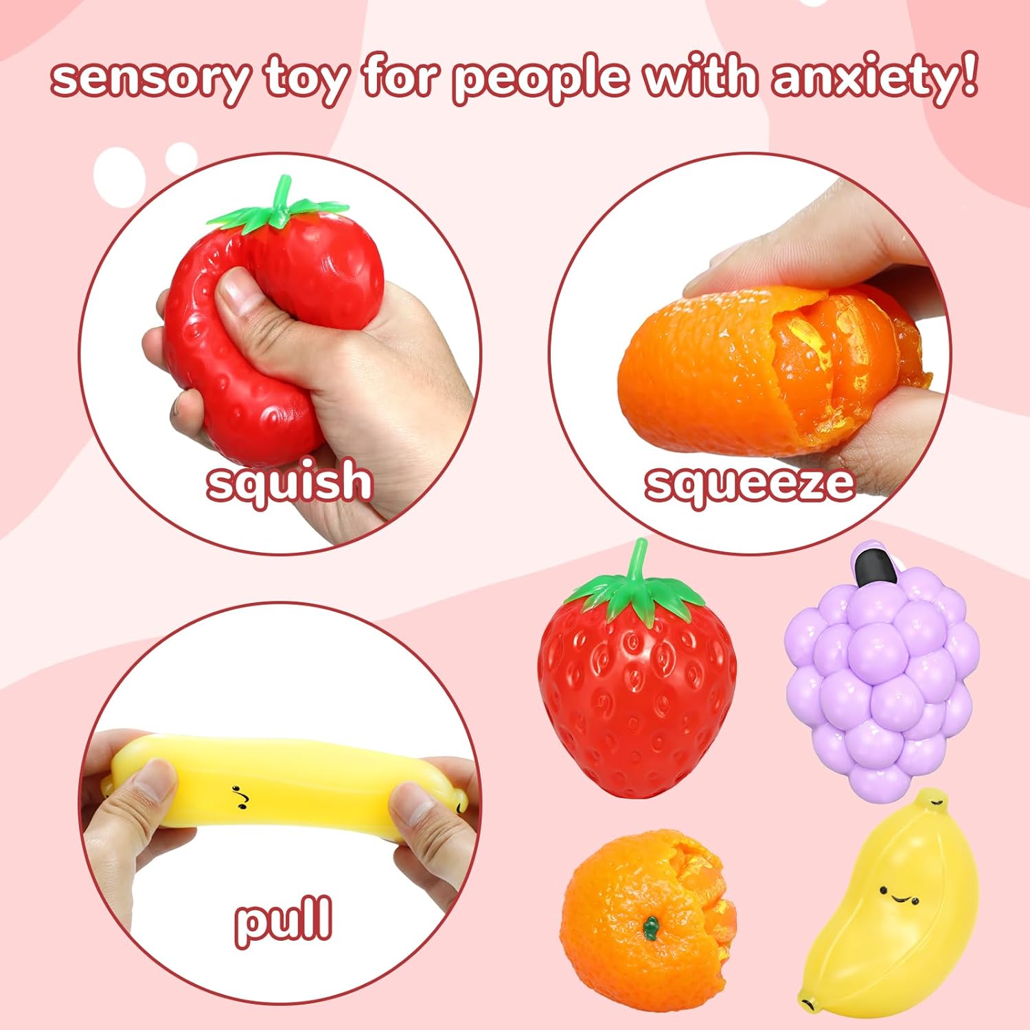 4Pcs Fruit Squishies Squeeze Toys Set, Sunny Day, Food Squishies with Strawberry Banana Orange Squishy, Fidget Toys, Washable Safe Soft Stress Relief