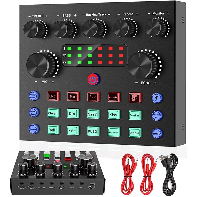 Live Streaming for PC Computer IPhone Broadcasting V8S Sound Card with 10 Sound Effects,3 Inputs, Mic Input