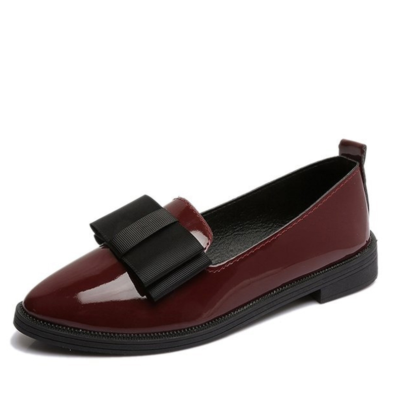Spring Flats Women Shoes Bowtie Loafers Patent Leather Elegant Low Heels Slip On Footwear Female Pointed Toe Thick Heel &