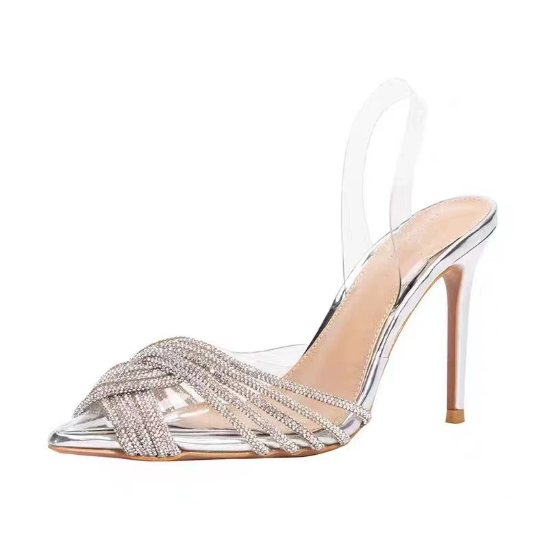 Ladies' Sweet Banquet Wedding Shoes PVC Transparent Sandals with Crossed Headbands and Diamond High Heels