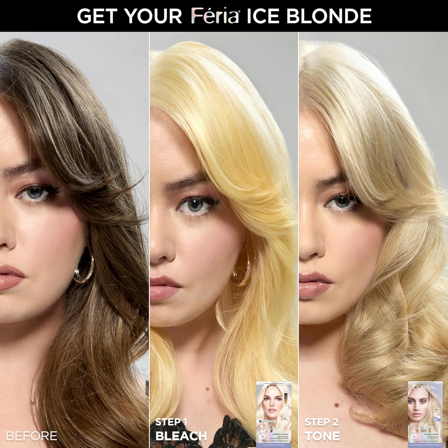 L’Oreal Paris Feria Long-Lasting Anti Brass Power Hair Toner, Ammonia Free Demi Permanent Hair Color, Ice Blonde Hair Toner, 1 Application