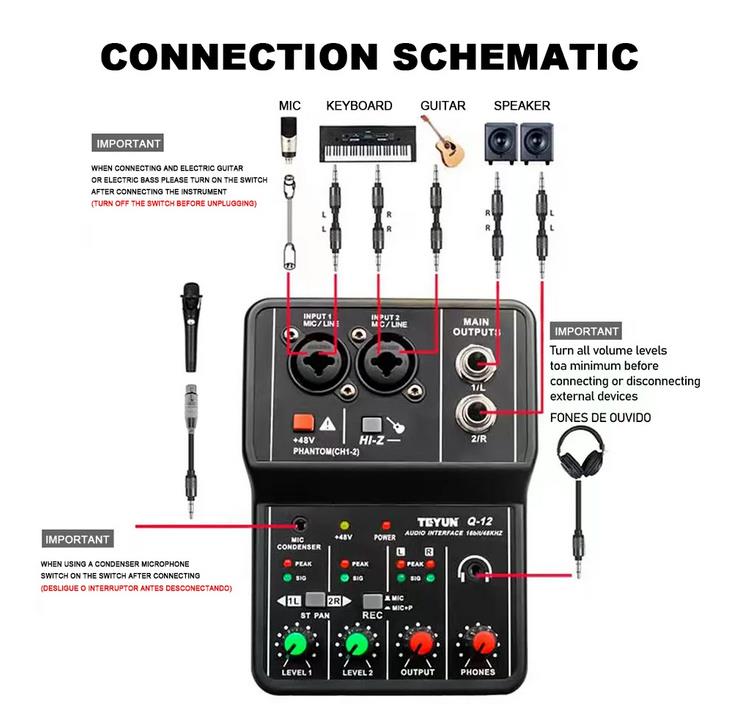 TEYUN Q12 Universal Professional Audio Interface Sound Card Computer Electric Guitar Studio Singing Q12 Audio Equipment
