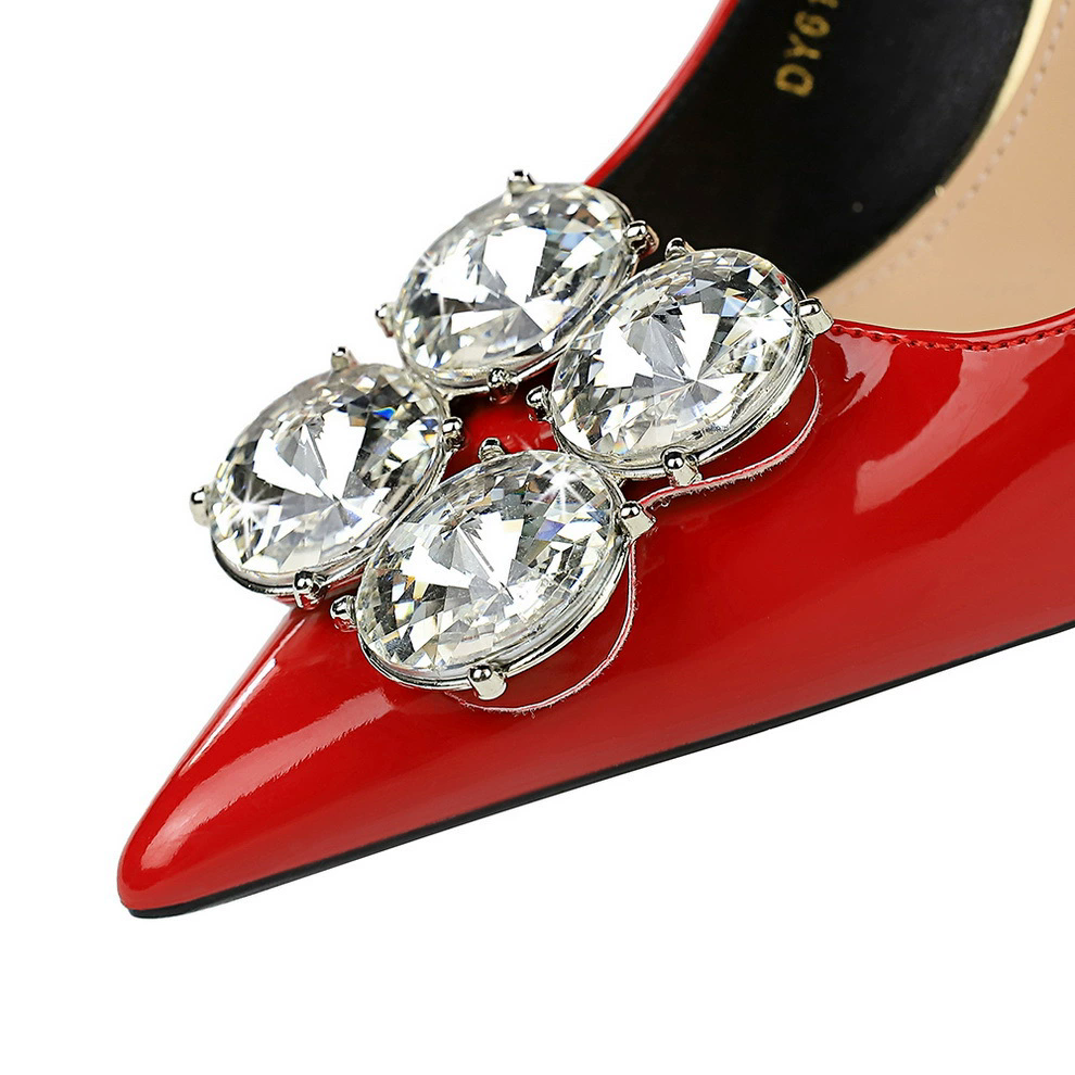 European and American women's slim heeled super high heels patent leather shallow mouth pointed rhinestone buckle single shoes