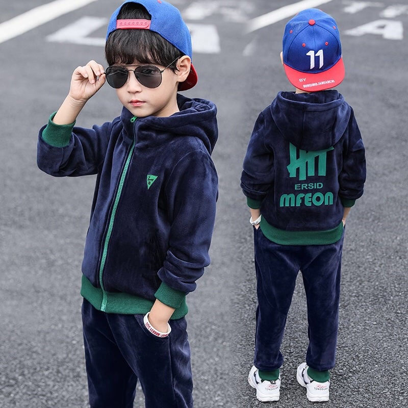Children Clothing Set Double-sided Velvet Fashion Letter Hooded 2PCS Hoodies Coat Pants Kids Boys Tracksuit for Autumn Winter