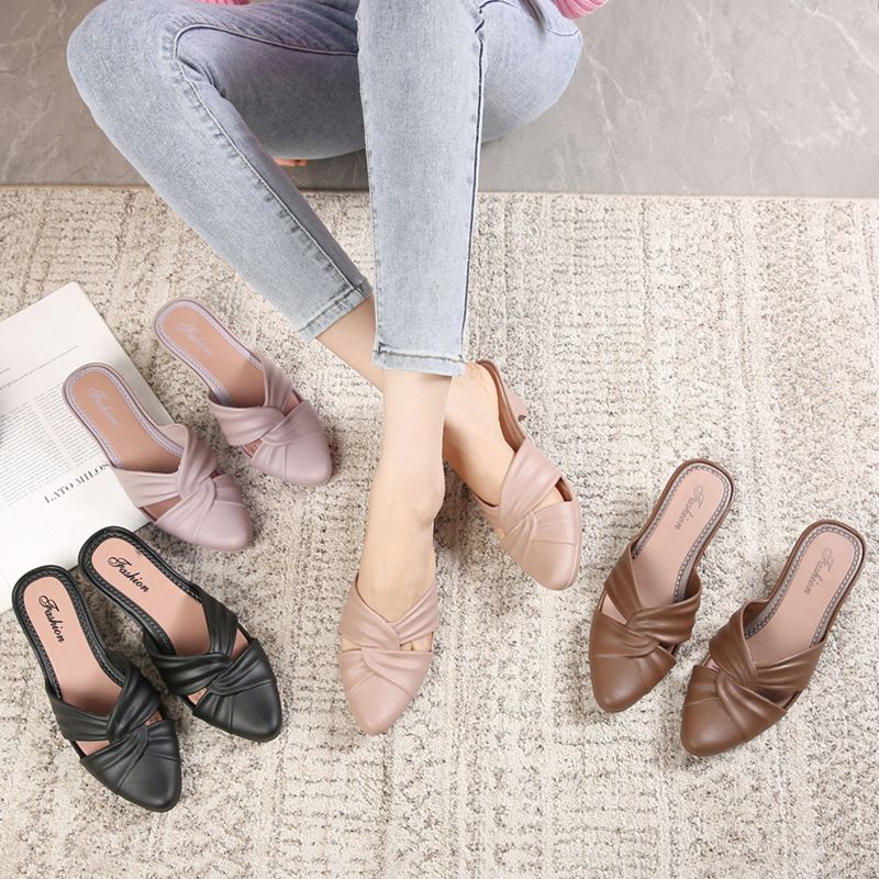 Fashionable Korean Style Solid Color Pointed Half Slippers For Women's Casual Outdoor Wear Summer Low Heeled Slippers
