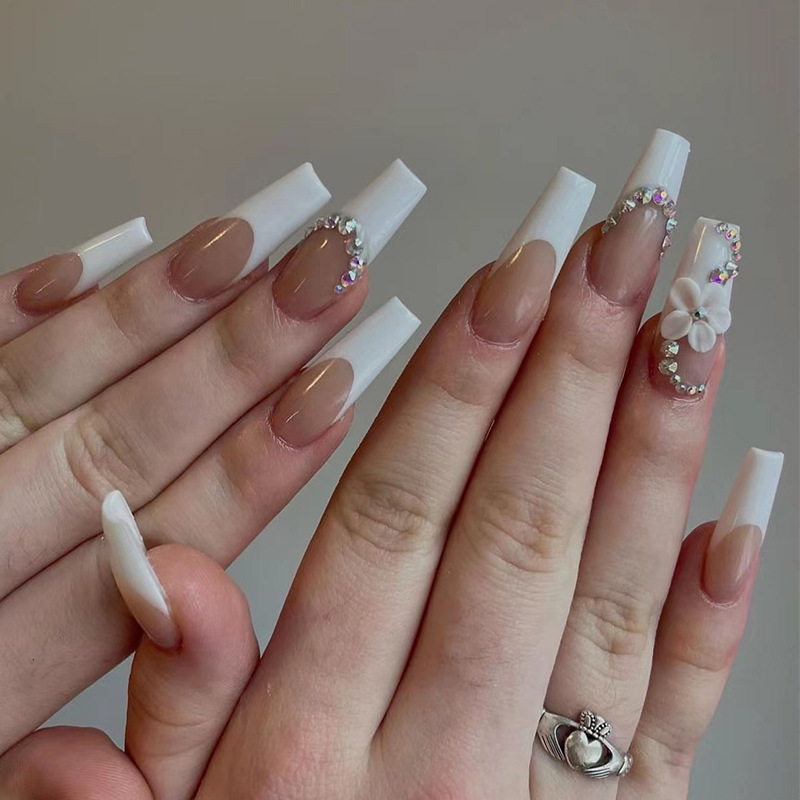24pcs/box pre design acrylic nail tips Peach Pink French plum blossom drill water drop Ballet False nails coffin manicure
