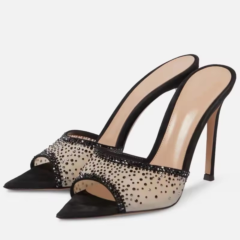 Summer Woman Thin Heel Rhinestone High Heel Slippers Fashion Open-toed Pointed End Slip-on Not Tired of Feet Stiletto