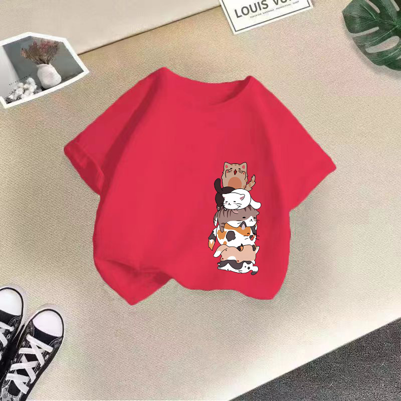 Kawaii Cat Graphic Harajuku Anime Short Sleeve Boys Girls Tshirt Children Cartoon T-shirt Kids Tops Tee Cotton Children Costumes