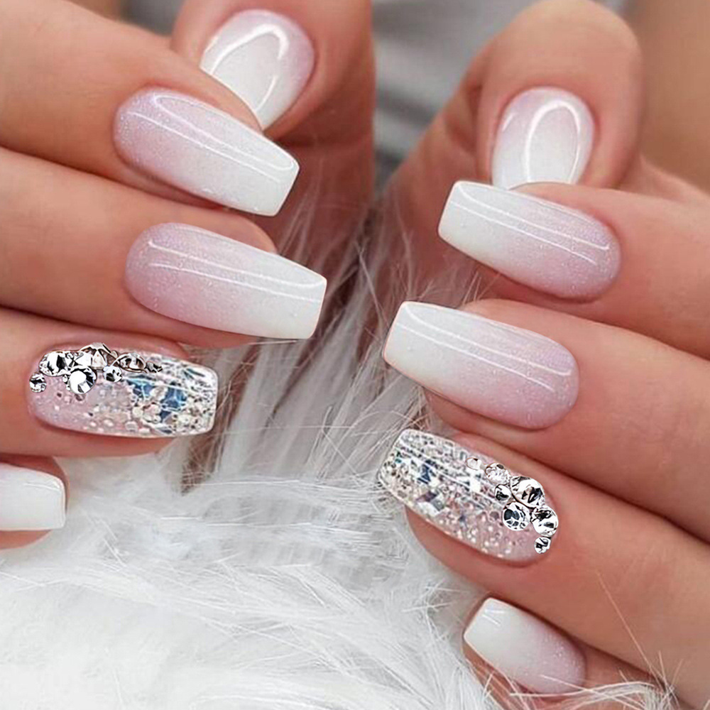 24Pcs Simple Square Head Fake Nail with Jelly Glue Pink White Gradient French Press on False Nails Short Full Cover Nail Tips