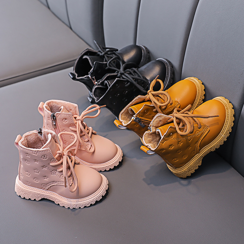 2024 new warm female baby thin velvet lace-up leather boots boys Martin boots cute printed short boots