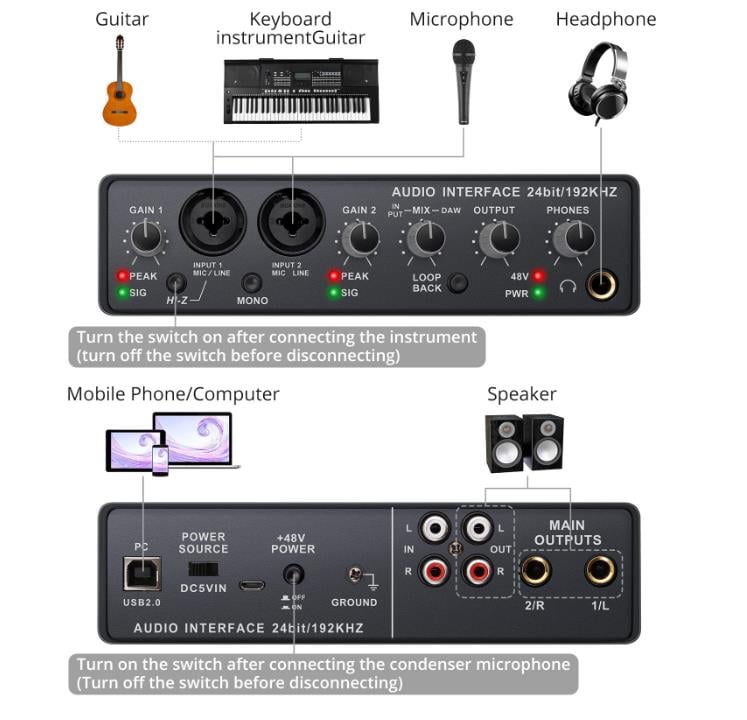 Q-24 Audio Interface Sound Card With Monitor Mixing Console Studio Recording Microphone 48V Phantom Power Sound Mixer