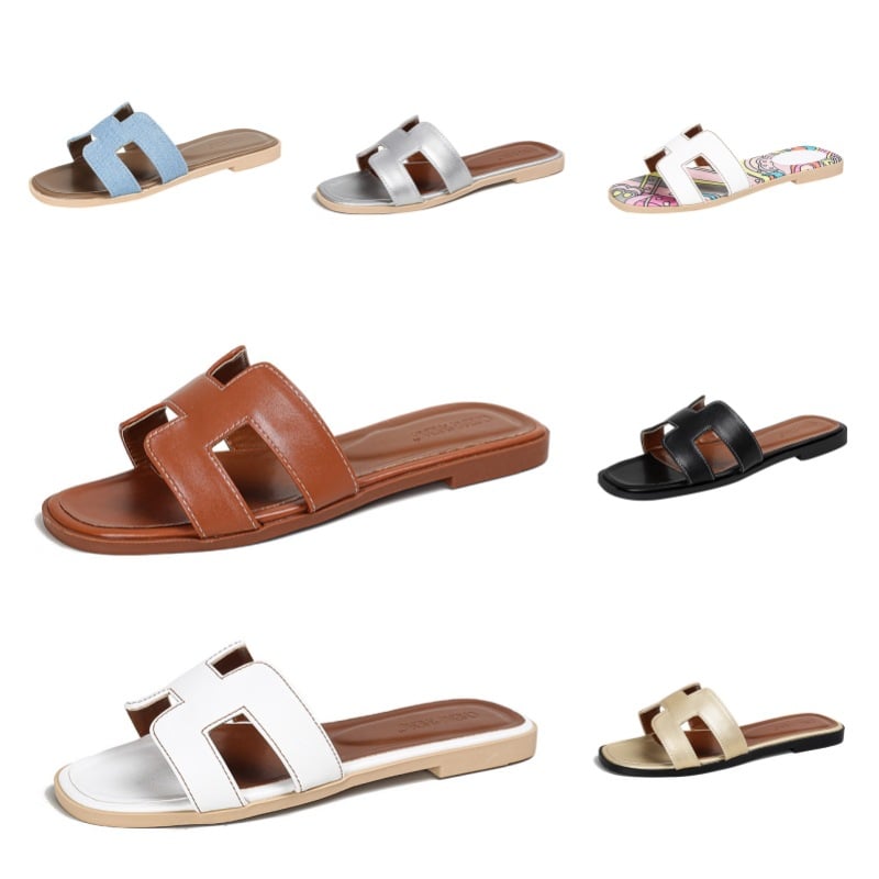 Hermes women's summer outdoor slippers, flat H slippers, summer leisure slippers flat leather beach slippers