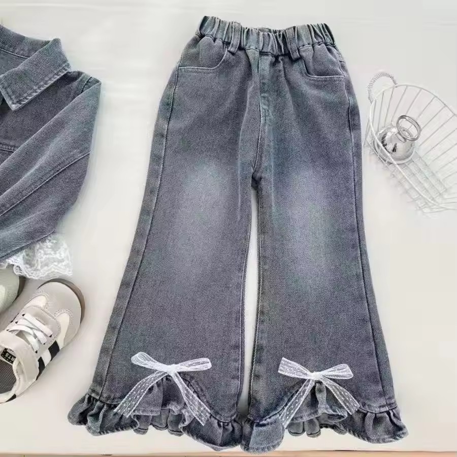 Girls' Denim Suit Autumn New Korean Version Girls' Denim Top+lace Pants Cute Denim Two-piece Set 100-150CMCM