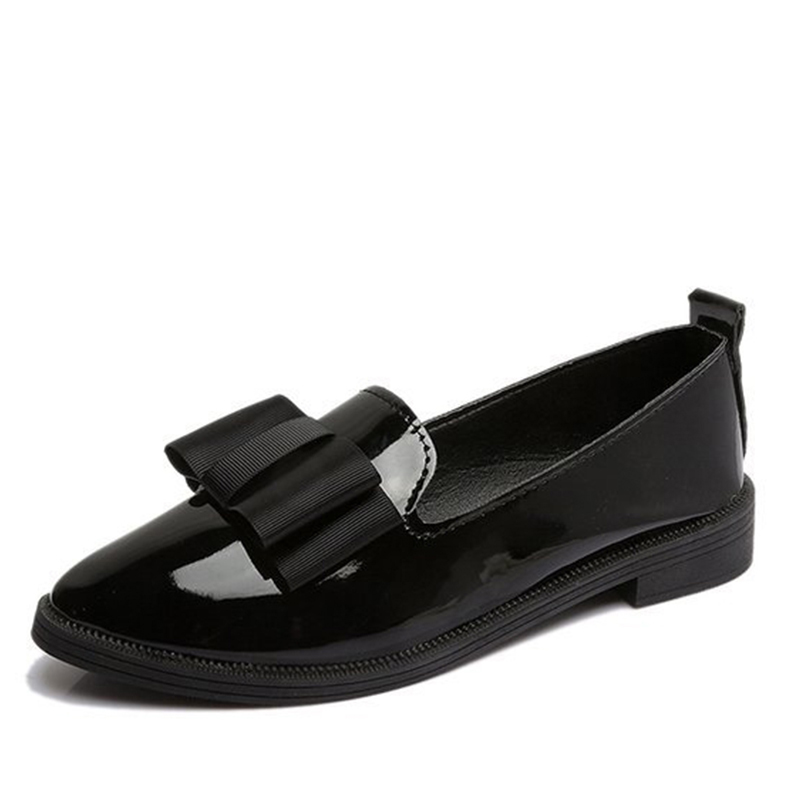 Spring Flats Women Shoes Bowtie Loafers Patent Leather Elegant Low Heels Slip On Footwear Female Pointed Toe Thick Heel &