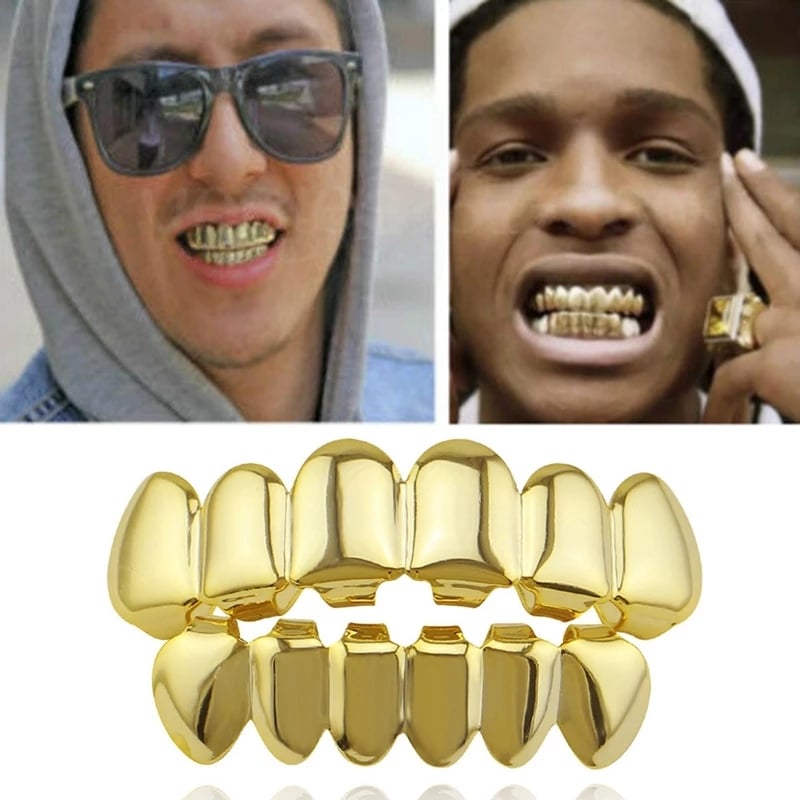 Hip Hop Braces 18K Real Gold Plated Top 8 Bottoms 8Grillz for Men Ladies Glossy Gold Teeth tooth accessories