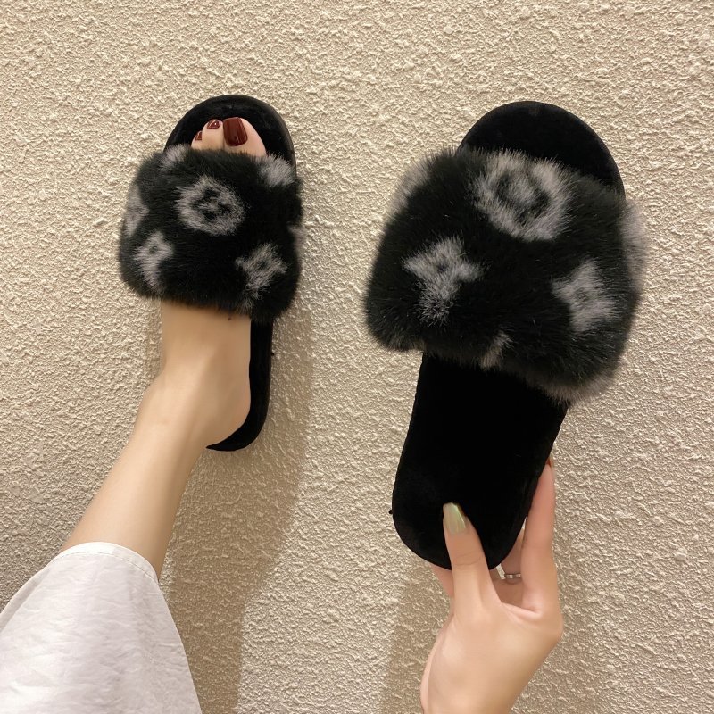 Leopard-print fur slippers women's autumn outer wear one-word drag fur women's shoes sandals non-slip PVC half drag