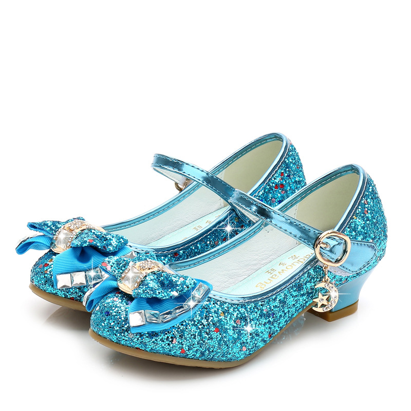 Princess Children's Leather Shoes Girls Flowers Casual Sequins Children's High Heels Girls' Shoes Bowknot Blue Pink Silver